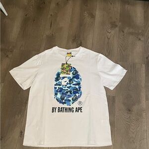 Bape White Tee with Blue and Camo Ape Logo